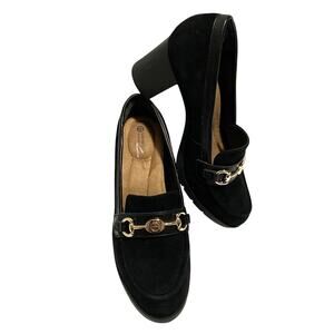 Giani Bernini Black Suede Heeled Loafer Gold Hardware Size 8.5 M Memory Foam EUC